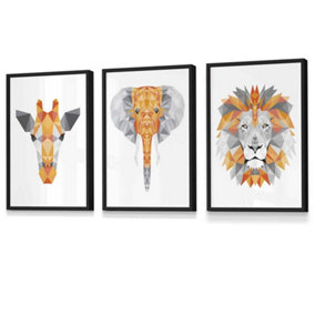 Set of 3 Geometric Orange Grey Jungle Animal Heads Wall Art Prints / 30x42cm (A3) / Black Frame