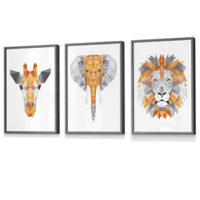 Set of 3 Geometric Orange Grey Jungle Animal Heads Wall Art Prints / 30x42cm (A3) / Dark Grey Frame