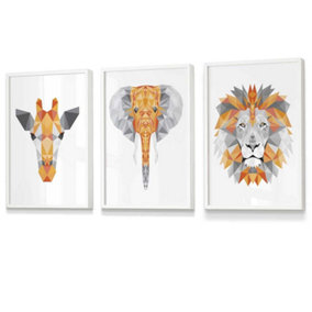 Set of 3 Geometric Orange Grey Jungle Animal Heads Wall Art Prints / 30x42cm (A3) / White Frame