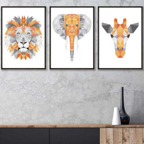 Set of 3 Geometric Orange Grey Jungle Animal Heads Wall Art Prints / 42x59cm (A2) / Black Frame