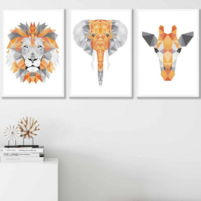 Set of 3 Geometric Orange Grey Jungle Animal Heads Wall Art Prints / 42x59cm (A2) / White Frame