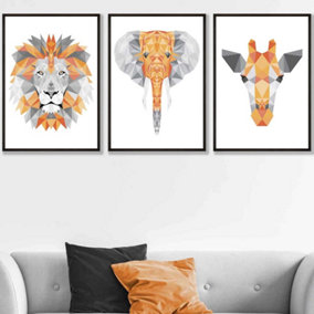 Set of 3 Geometric Orange Grey Jungle Animal Heads Wall Art Prints / 50x70cm / Black Frame