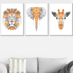 Set of 3 Geometric Orange Grey Jungle Animal Heads Wall Art Prints / 50x70cm / White Frame