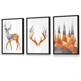 Set of 3 Geometric Orange Grey Stags Set Wall Art Prints / 30x42cm (A3) / Black Frame