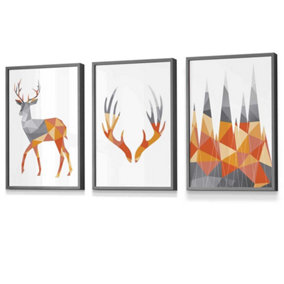 Set of 3 Geometric Orange Grey Stags Set Wall Art Prints / 30x42cm (A3) / Dark Grey Frame
