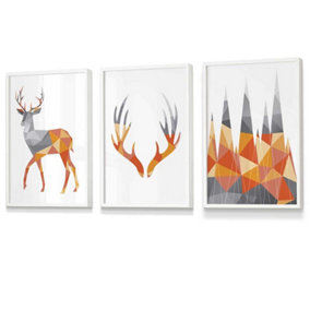Set of 3 Geometric Orange Grey Stags Set Wall Art Prints / 30x42cm (A3) / White Frame