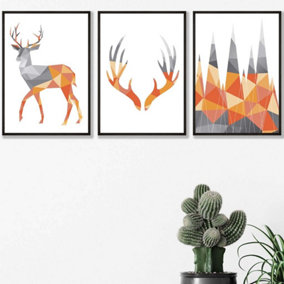 Set of 3 Geometric Orange Grey Stags Set Wall Art Prints / 42x59cm (A2) / Black Frame