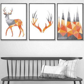 Set of 3 Geometric Orange Grey Stags Set Wall Art Prints / 42x59cm (A2) / Dark Grey Frame