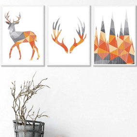 Set of 3 Geometric Orange Grey Stags Set Wall Art Prints / 42x59cm (A2) / White Frame