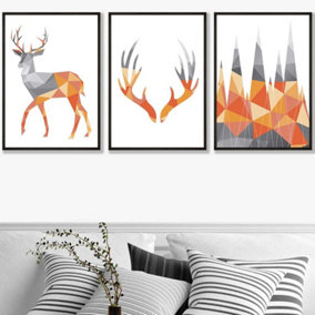 Set of 3 Geometric Orange Grey Stags Set Wall Art Prints / 50x70cm / Black Frame