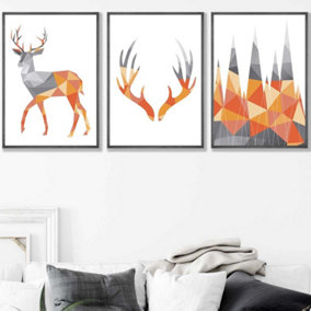 Set of 3 Geometric Orange Grey Stags Set Wall Art Prints / 50x70cm / Dark Grey Frame