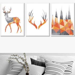 Set of 3 Geometric Orange Grey Stags Set Wall Art Prints / 50x70cm / White Frame