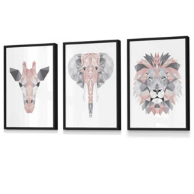 Set of 3 Geometric Pink Grey Jungle Animal Heads Wall Art Prints / 30x42cm (A3) / Black Frame