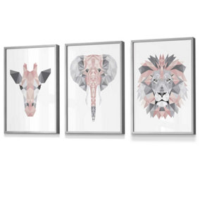 Set of 3 Geometric Pink Grey Jungle Animal Heads Wall Art Prints / 30x42cm (A3) / Light Grey Frame