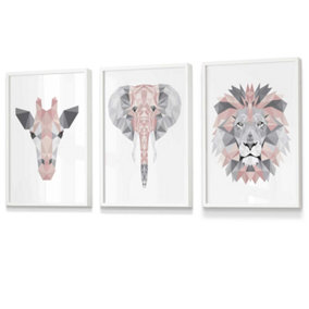 Set of 3 Geometric Pink Grey Jungle Animal Heads Wall Art Prints / 30x42cm (A3) / White Frame