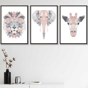 Set of 3 Geometric Pink Grey Jungle Animal Heads Wall Art Prints / 42x59cm (A2) / Black Frame