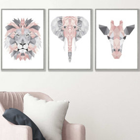 Set of 3 Geometric Pink Grey Jungle Animal Heads Wall Art Prints / 42x59cm (A2) / Light Grey Frame