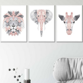 Set of 3 Geometric Pink Grey Jungle Animal Heads Wall Art Prints / 42x59cm (A2) / White Frame