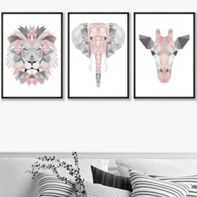 Set of 3 Geometric Pink Grey Jungle Animal Heads Wall Art Prints / 50x70cm / Black Frame