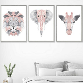 Set of 3 Geometric Pink Grey Jungle Animal Heads Wall Art Prints / 50x70cm / Light Grey Frame