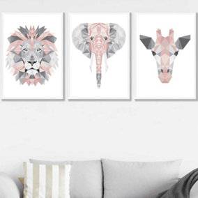 Set of 3 Geometric Pink Grey Jungle Animal Heads Wall Art Prints / 50x70cm / White Frame