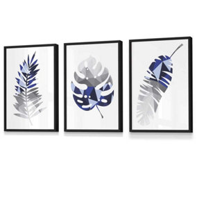 Set of 3 Geometric Tropical Leaves In Navy Blue Grey Wall Art Prints / 30x42cm (A3) / Black Frame