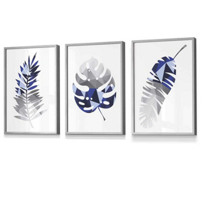 Set of 3 Geometric Tropical Leaves In Navy Blue Grey Wall Art Prints ...
