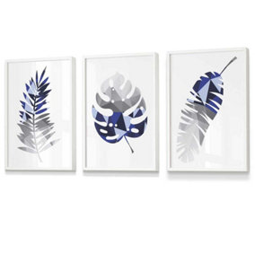 Set of 3 Geometric Tropical Leaves In Navy Blue Grey Wall Art Prints / 30x42cm (A3) / White Frame