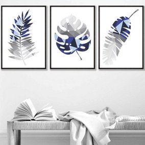 Set of 3 Geometric Tropical Leaves In Navy Blue Grey Wall Art Prints / 42x59cm (A2) / Black Frame