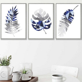 Set of 3 Geometric Tropical Leaves In Navy Blue Grey Wall Art Prints / 42x59cm (A2) / Light Grey Frame