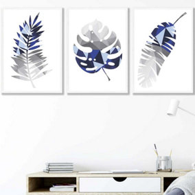 Set of 3 Geometric Tropical Leaves In Navy Blue Grey Wall Art Prints / 42x59cm (A2) / White Frame