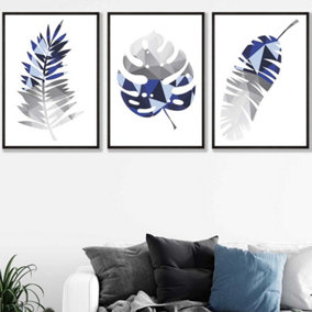 Set of 3 Geometric Tropical Leaves In Navy Blue Grey Wall Art Prints / 50x70cm / Black Frame