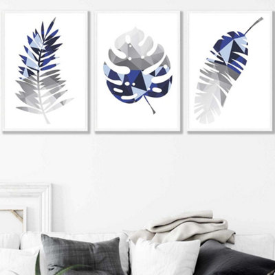 Set of 3 Geometric Tropical Leaves In Navy Blue Grey Wall Art Prints ...