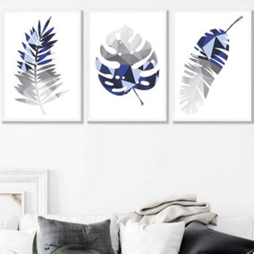 Set of 3 Geometric Tropical Leaves In Navy Blue Grey Wall Art Prints / 50x70cm / White Frame