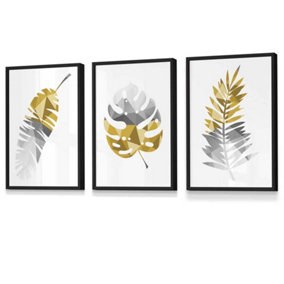 Set of 3 Geometric Tropical Leaves In Yellow Grey Wall Art Prints / 30x42cm (A3) / Black Frame