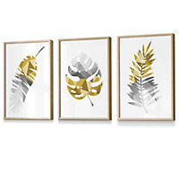 Set of 3 Geometric Tropical Leaves In Yellow Grey Wall Art Prints / 30x42cm (A3) / Oak Frame