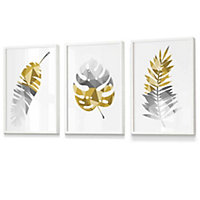 Set of 3 Geometric Tropical Leaves In Yellow Grey Wall Art Prints / 30x42cm (A3) / White Frame