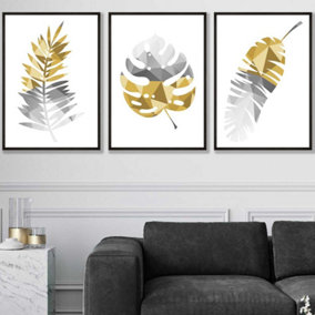 Set of 3 Geometric Tropical Leaves In Yellow Grey Wall Art Prints / 50x70cm / Black Frame