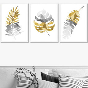 Set of 3 Geometric Tropical Leaves In Yellow Grey Wall Art Prints / 50x70cm / White Frame