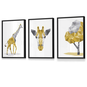 Set of 3 Geometric Yellow Grey Giraffe Set Wall Art Prints / 30x42cm (A3) / Black Frame