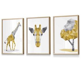 Set of 3 Geometric Yellow Grey Giraffe Set Wall Art Prints / 30x42cm (A3) / Oak Frame