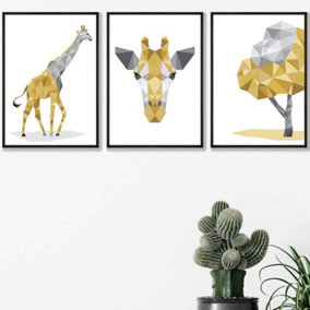 Set of 3 Geometric Yellow Grey Giraffe Set Wall Art Prints / 42x59cm (A2) / Black Frame