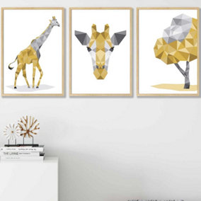 Set of 3 Geometric Yellow Grey Giraffe Set Wall Art Prints / 42x59cm (A2) / Oak Frame
