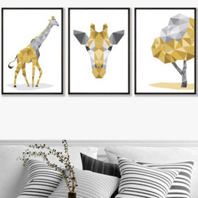 Set of 3 Geometric Yellow Grey Giraffe Set Wall Art Prints / 50x70cm / Black Frame