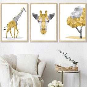 Set of 3 Geometric Yellow Grey Giraffe Set Wall Art Prints / 50x70cm / Oak Frame