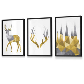 Set of 3 Geometric Yellow Grey Stags Set Wall Art Prints / 30x42cm (A3) / Black Frame