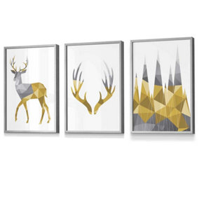 Set of 3 Geometric Yellow Grey Stags Set Wall Art Prints / 30x42cm (A3) / Light Grey Frame