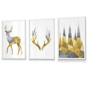 Set of 3 Geometric Yellow Grey Stags Set Wall Art Prints / 30x42cm (A3) / White Frame