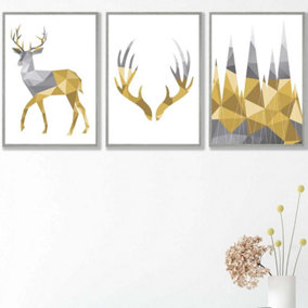 Set of 3 Geometric Yellow Grey Stags Set Wall Art Prints / 42x59cm (A2) / Light Grey Frame