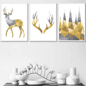 Set of 3 Geometric Yellow Grey Stags Set Wall Art Prints / 42x59cm (A2) / White Frame